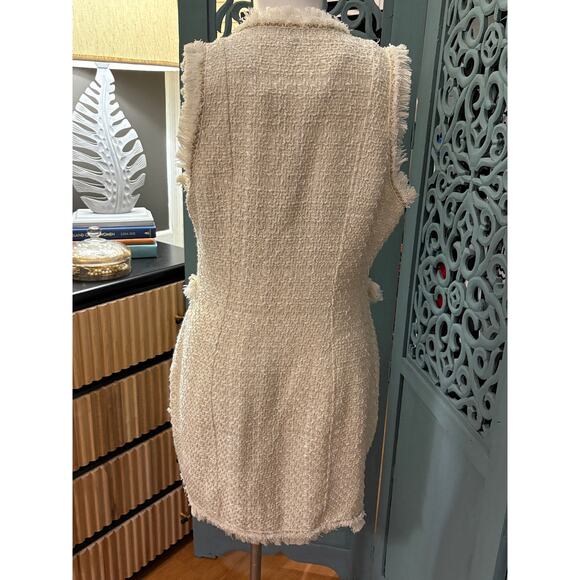 NEW Trixxi Ivory Fringe-Gold Trim Boucle Sleeveless Tweed Wrap Dress Junior Sz L - Picture 6 of 7